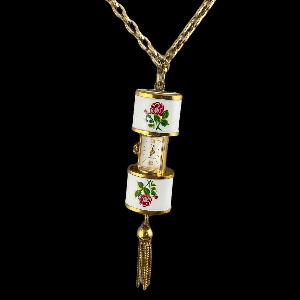 Vintage Bucherer Swiss Peak a Boo Slide Watch with Roses and 14K Gold Necklace
